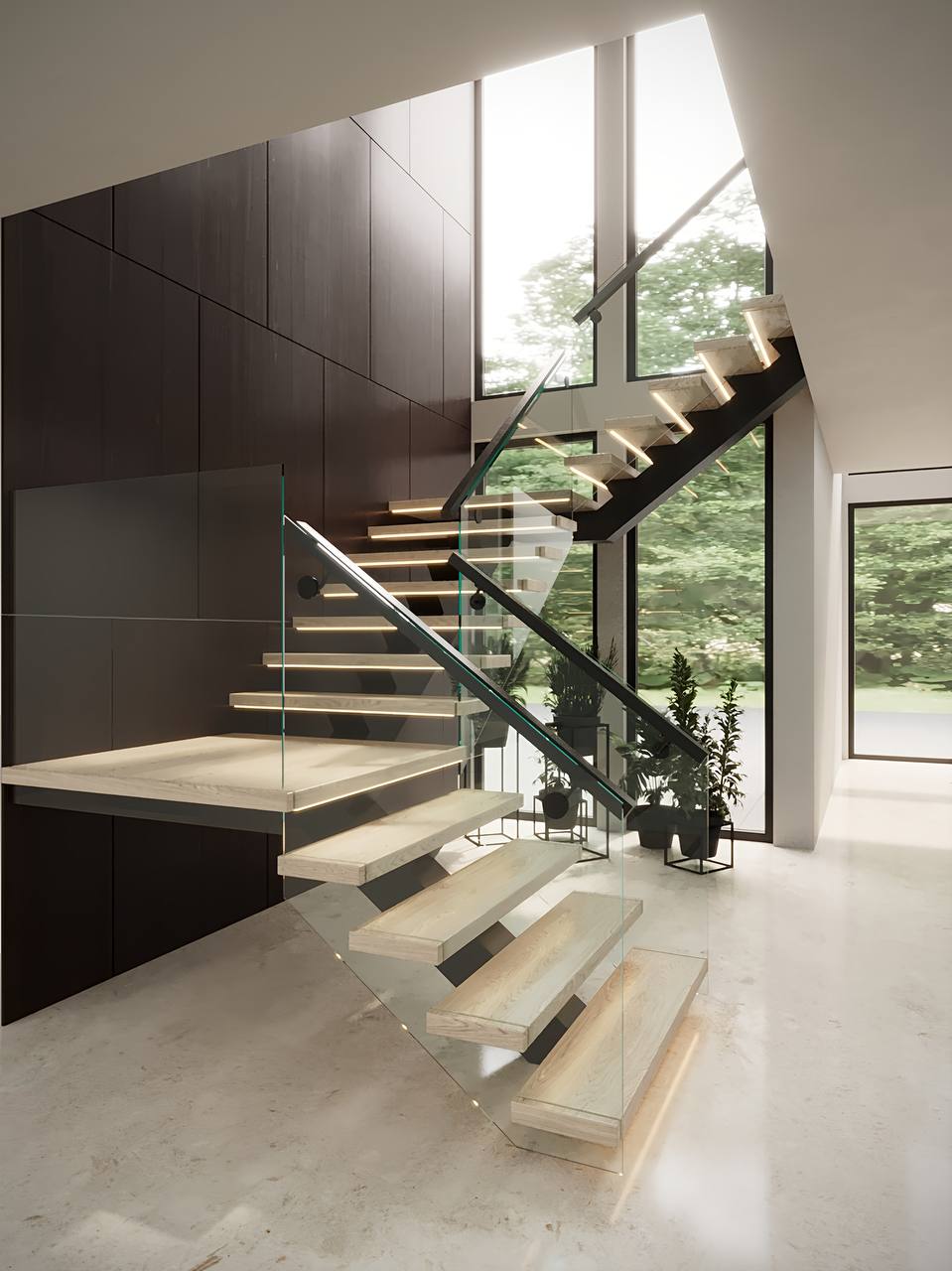 Modern floating staircase with glass railings - Vitra Mittal architectural excellence