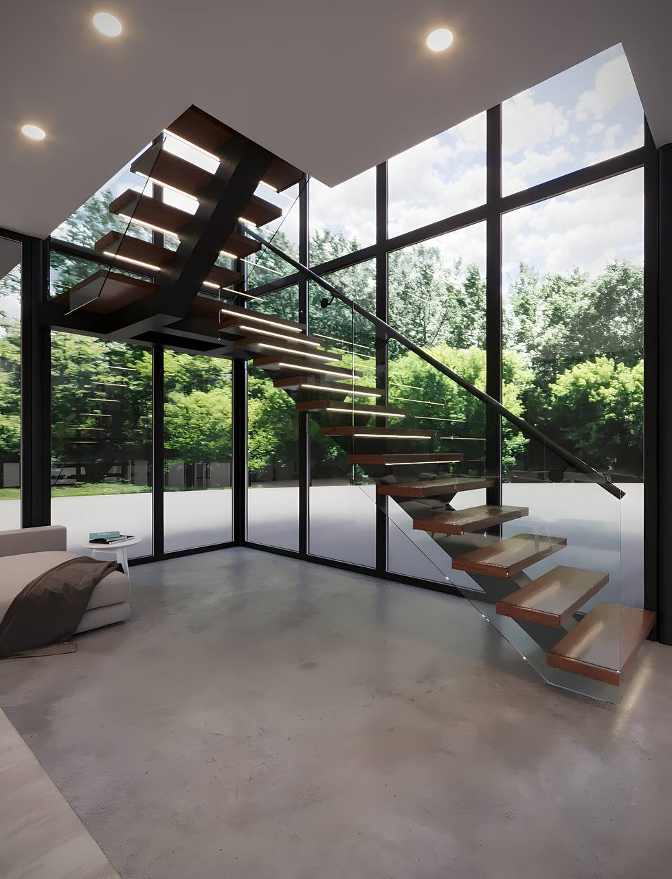 Modern floating staircase with wood treads and glass railings