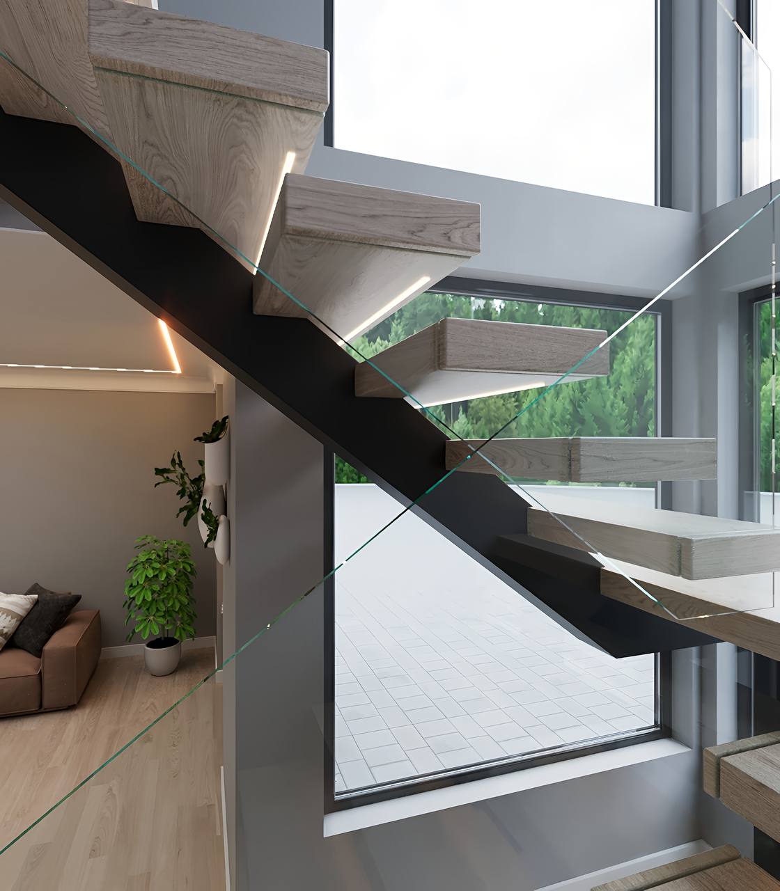 Contemporary mono stringer stair system with LED lighting